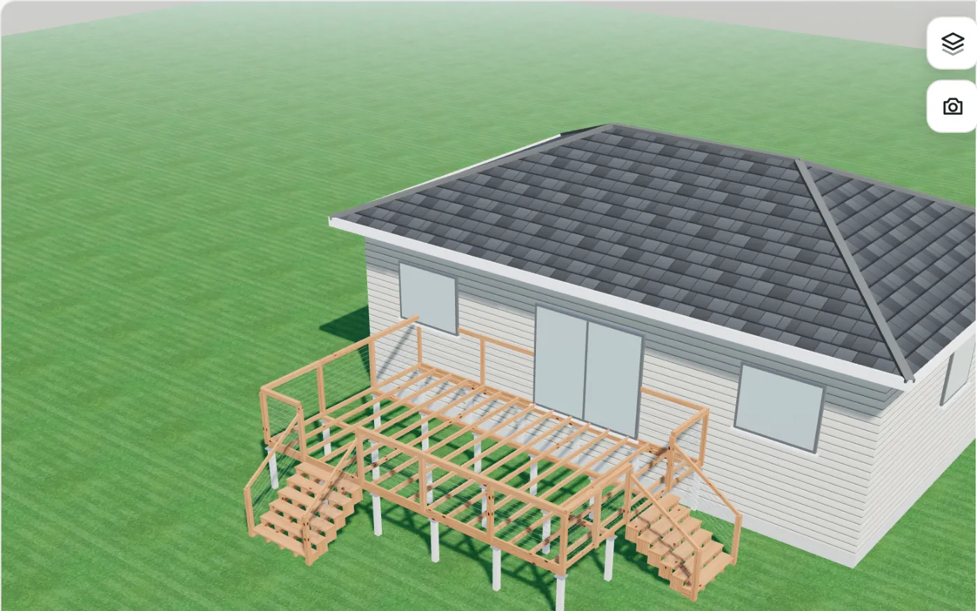 3D framing: stumps, bearers, joists and stairs beside the house