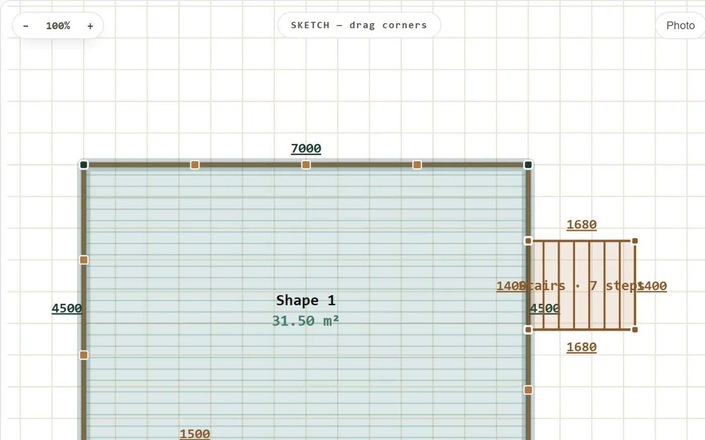 Deck plan with dimensions and a stair