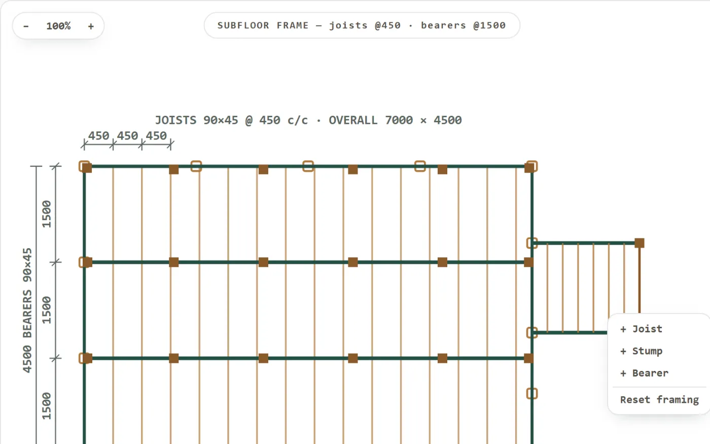 Subfloor framing plan with set-out dimensions