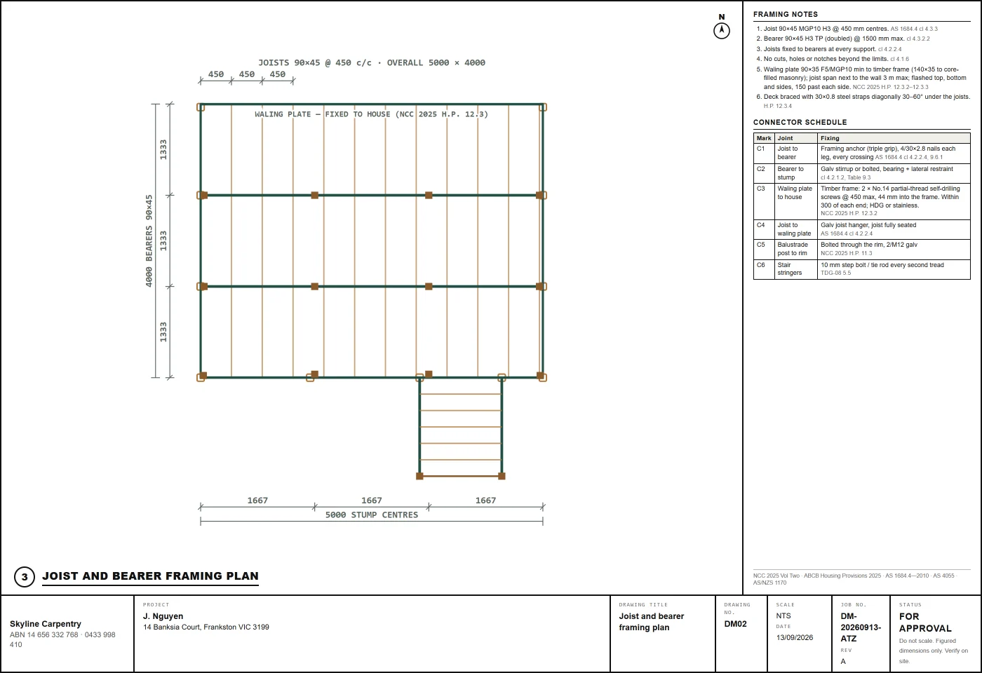 Joist and bearer framing plan from a DeckMate permit pack, with framing notes and a connector schedule citing AS 1684.4 and NCC 2025